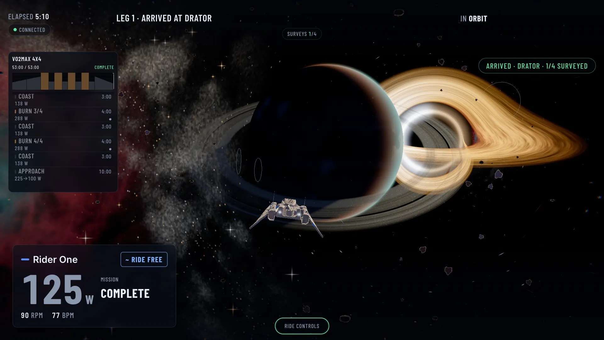 Arrival at the destination: the ship in orbit beside a ringed planet, silhouetted against a black hole and its accretion disk.